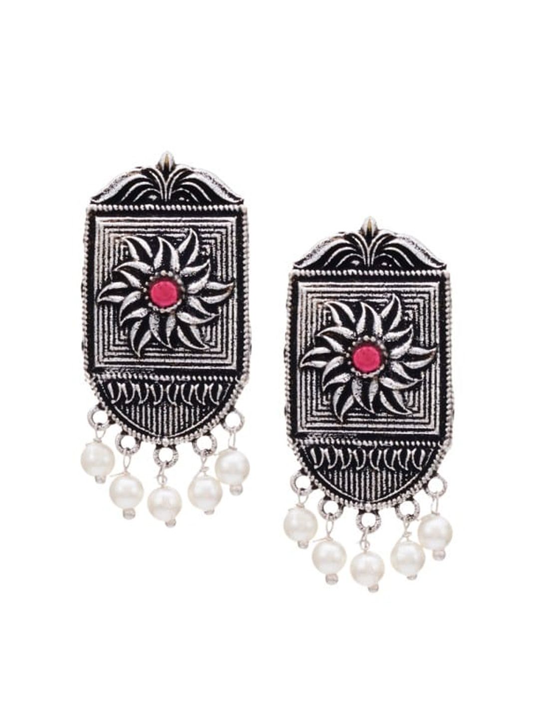ATIBELLE German Silver-Plated Floral & Stone Studded Stud Earrings with Pearl drop
