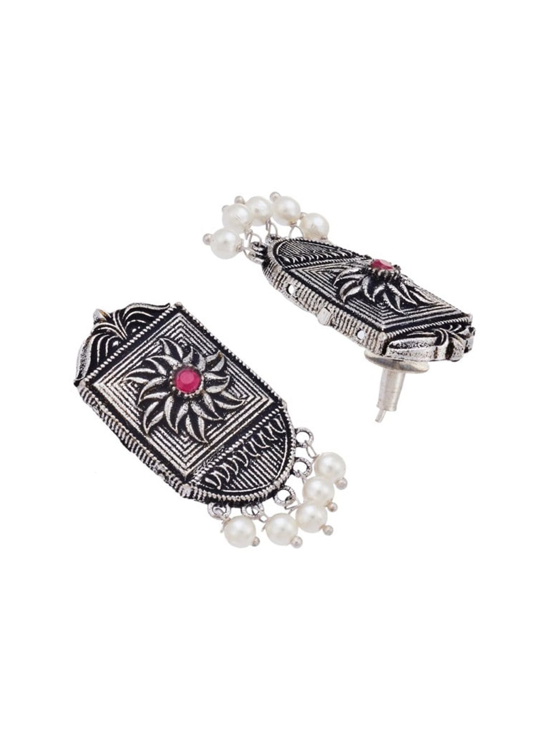 ATIBELLE German Silver-Plated Floral & Stone Studded Stud Earrings with Pearl drop