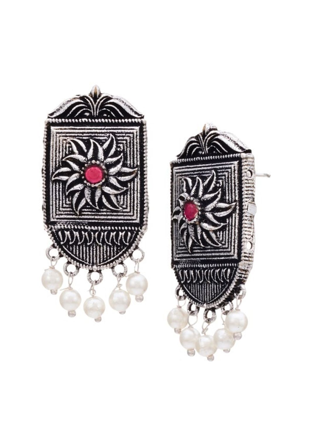 ATIBELLE German Silver-Plated Floral & Stone Studded Stud Earrings with Pearl drop