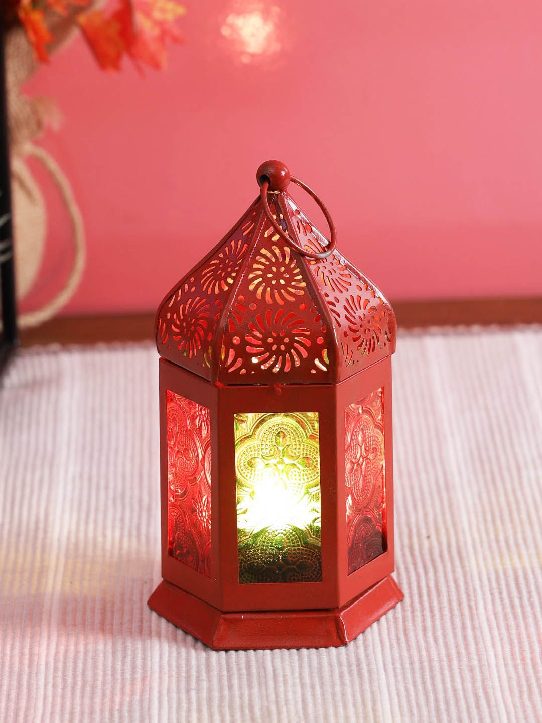 TAYHAA Red Textured Metal & Glass Morrocan Cylinder Lantern-picture-54