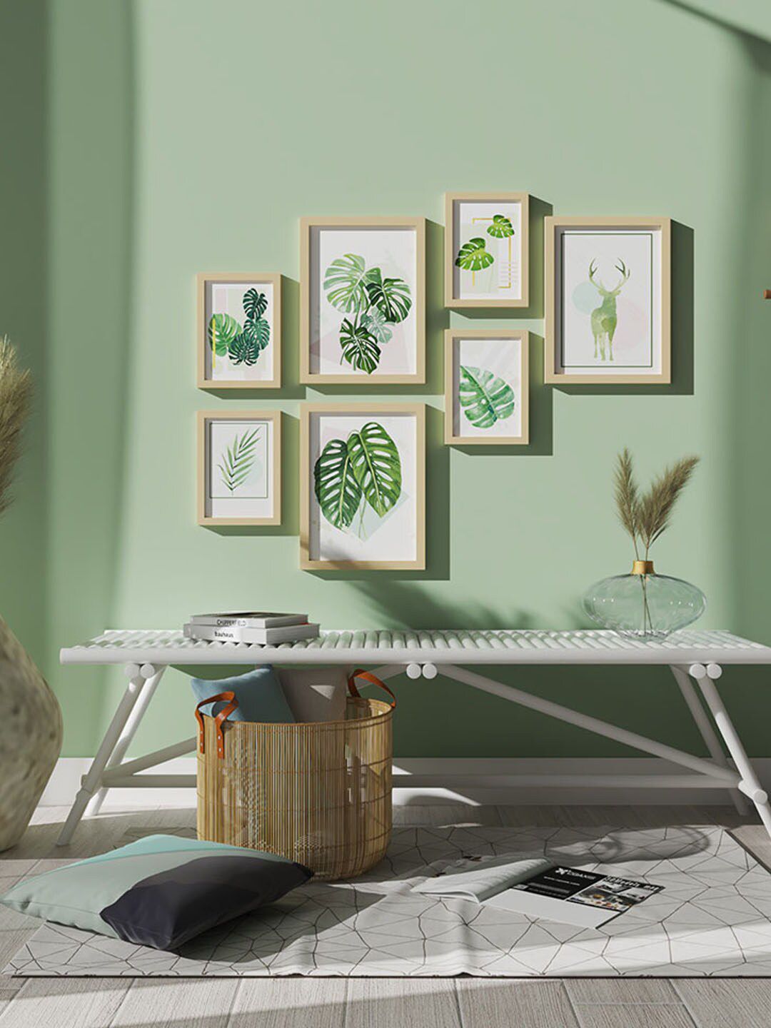 Art Street White & Green 7 Pieces Printed Leaves Painting Wall Art-picture-40
