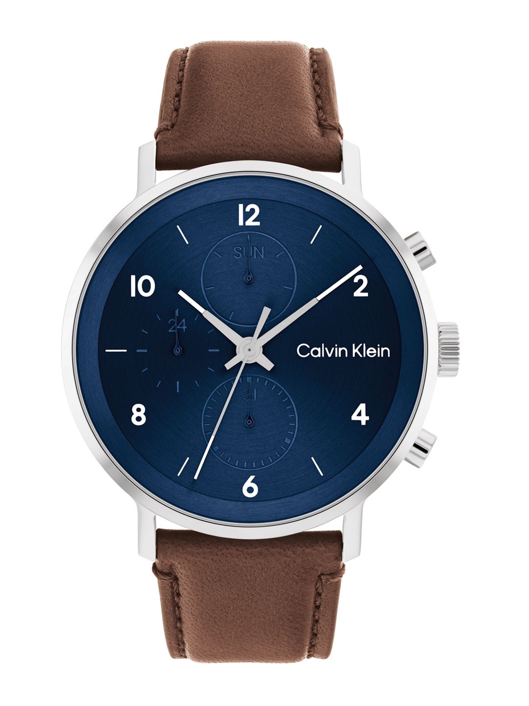 Calvin Klein Men Modern Navy Blue Dial & Brown Leather Straps Analogue Watch 25200112