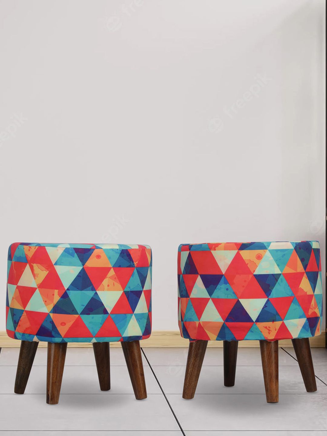 GLOBALLY INDIAN Set of 2 Sheesham Wood & Velvet Ottomans