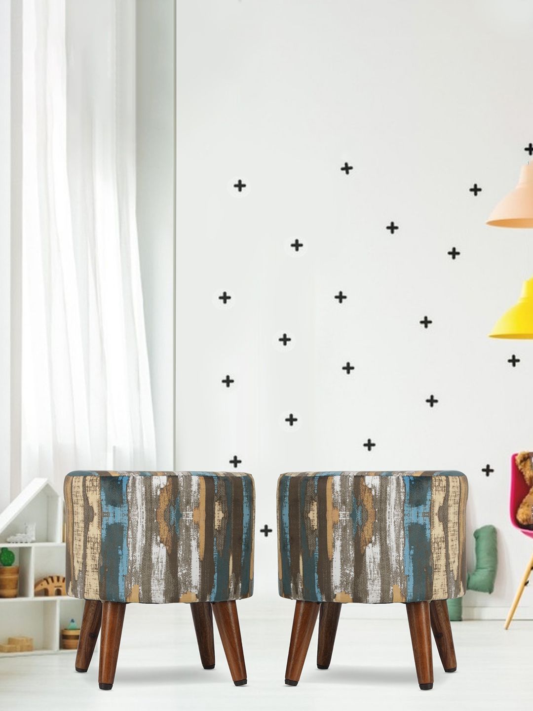 GLOBALLY INDIAN 2 Pieces Brown & Blue Colourblocked Round Puff Wooden Velvet Ottomans