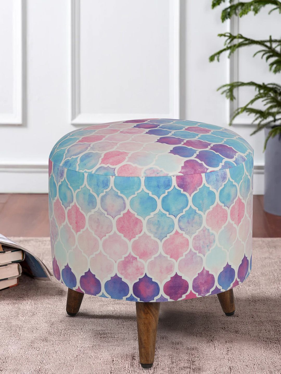 GLOBALLY INDIAN Pink & Blue Printed Round Puff Ottoman