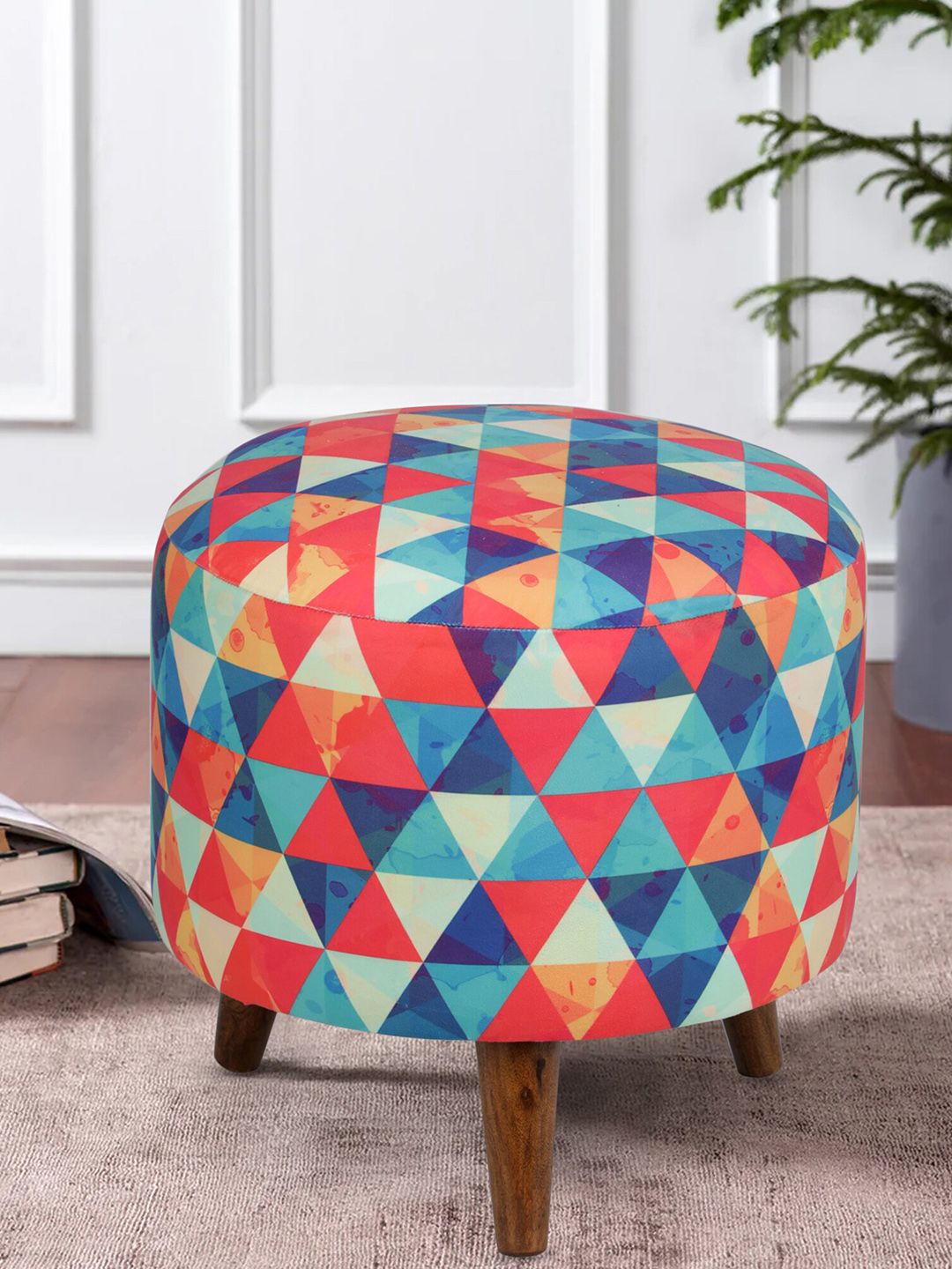 GLOBALLY INDIAN Blue & Orange Geometric Printed Velvet & Wooden Ottomans