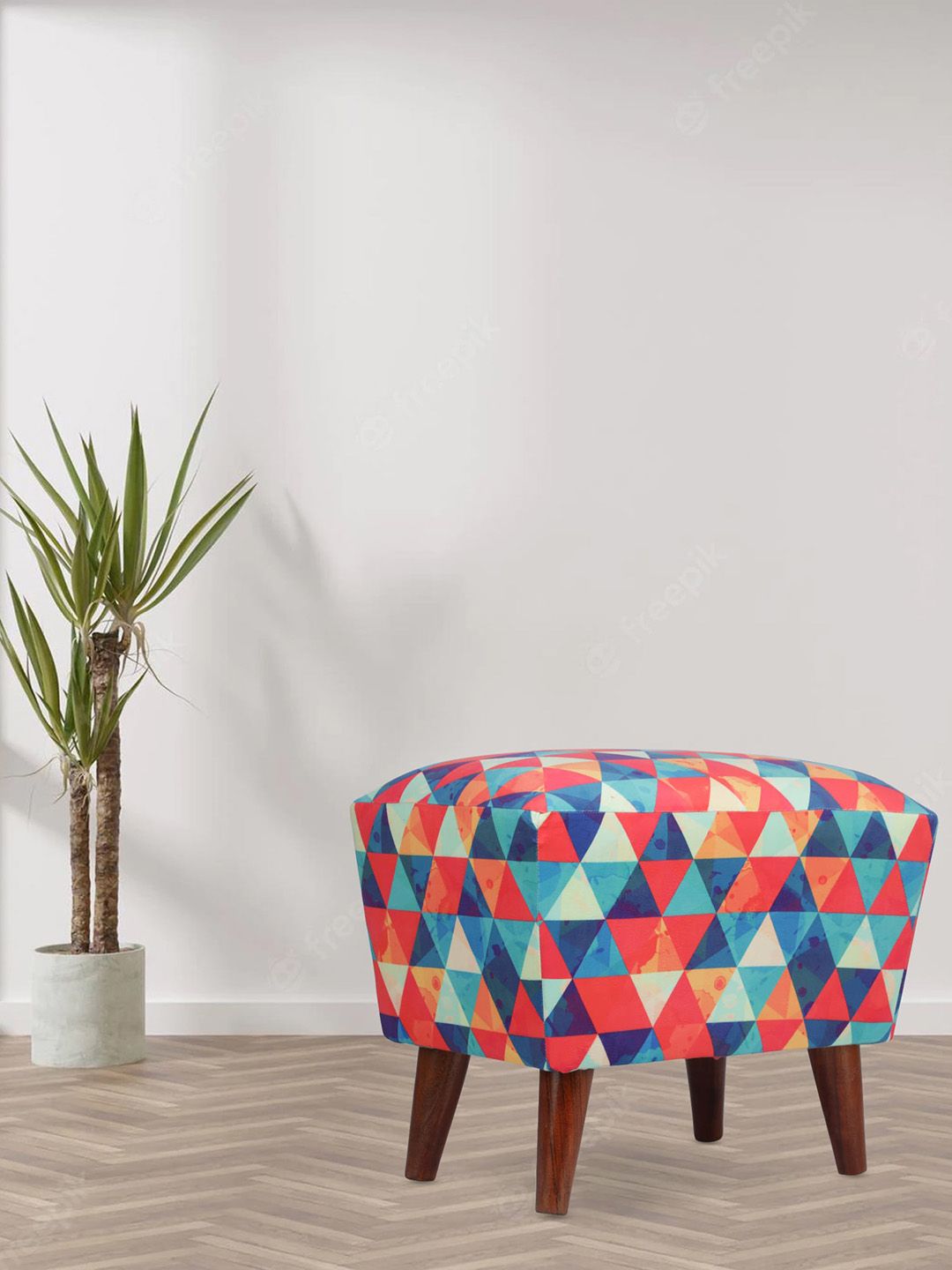 GLOBALLY INDIAN Blue & Red Geometric Printed Wooden & Velvet Rectangular Puff Ottoman