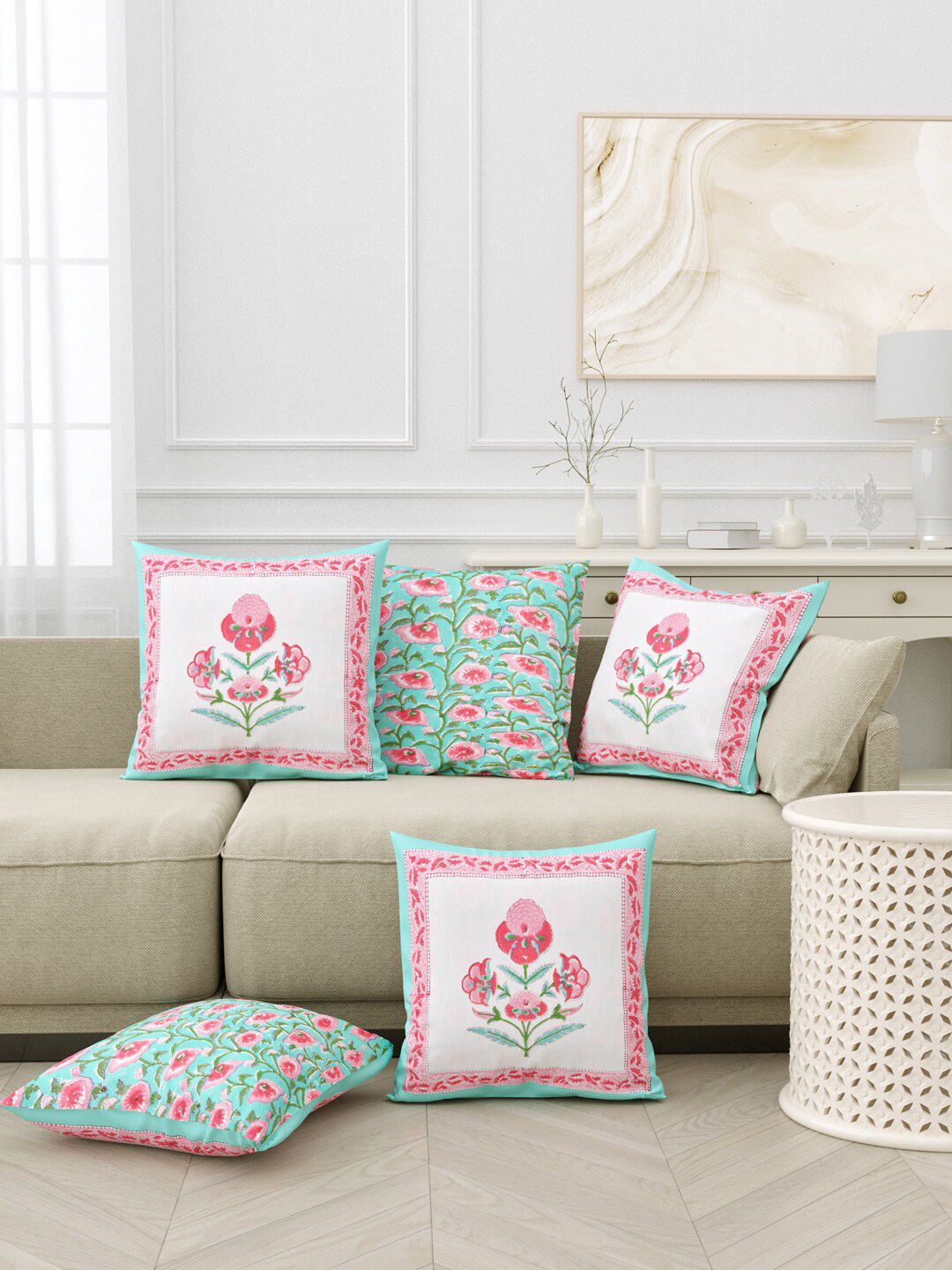BLOCKS OF INDIA Green & White 5 Pieces Floral Square Cushion Covers-picture-22