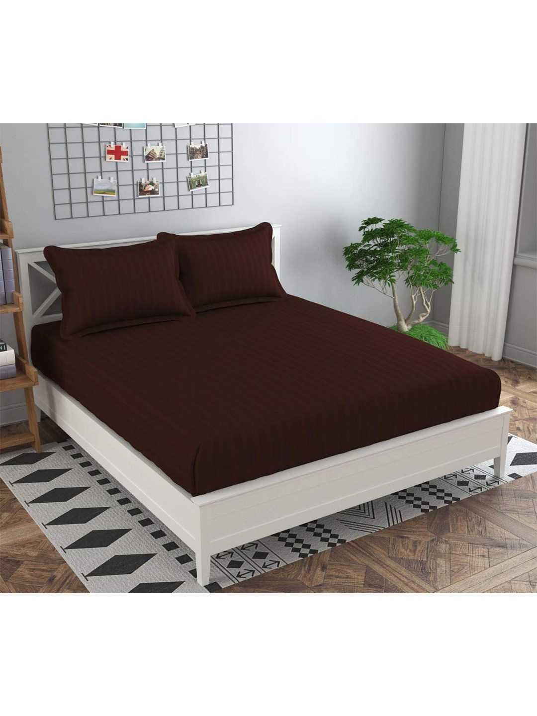Bajo's Coffee Brown Striped 220 TC Flat Cotton Queen Bedsheet with 2 Pillow Covers-image-19