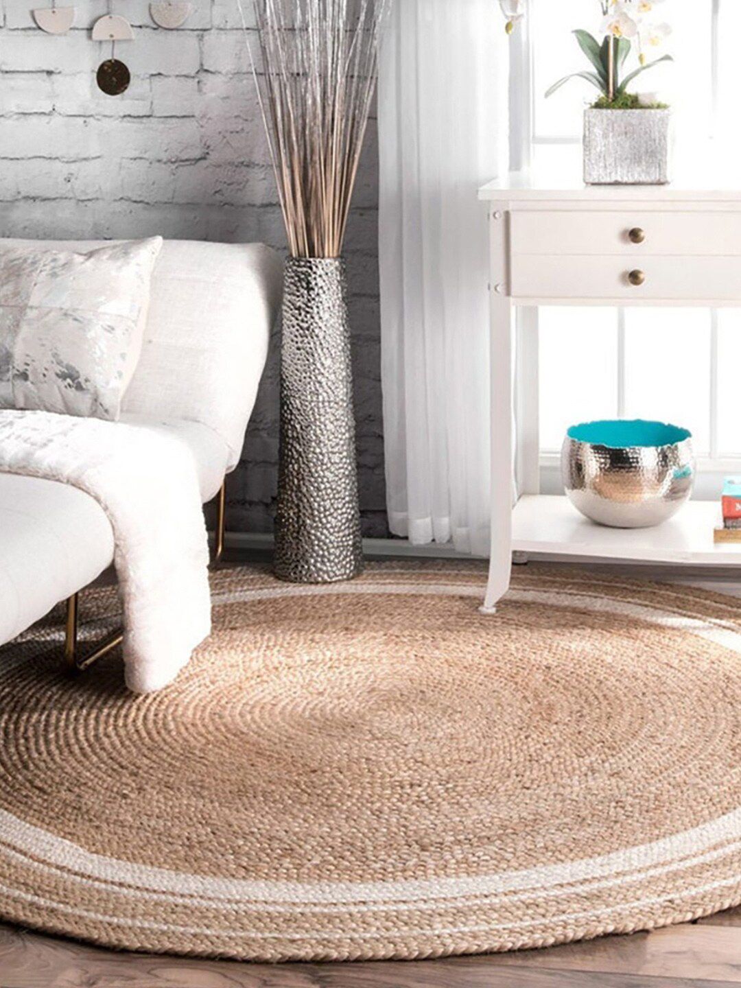 HABERE INDIA Beige & White Woven Design Jute Circular Carpet-picture-31