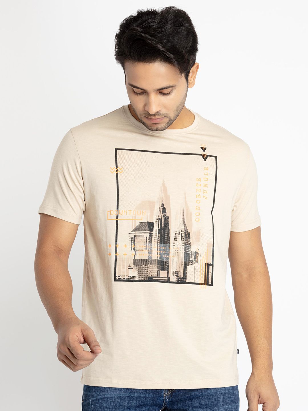 Buy Louis Philippe Men Cream Solid Crew Neck T-Shirt at Redfynd