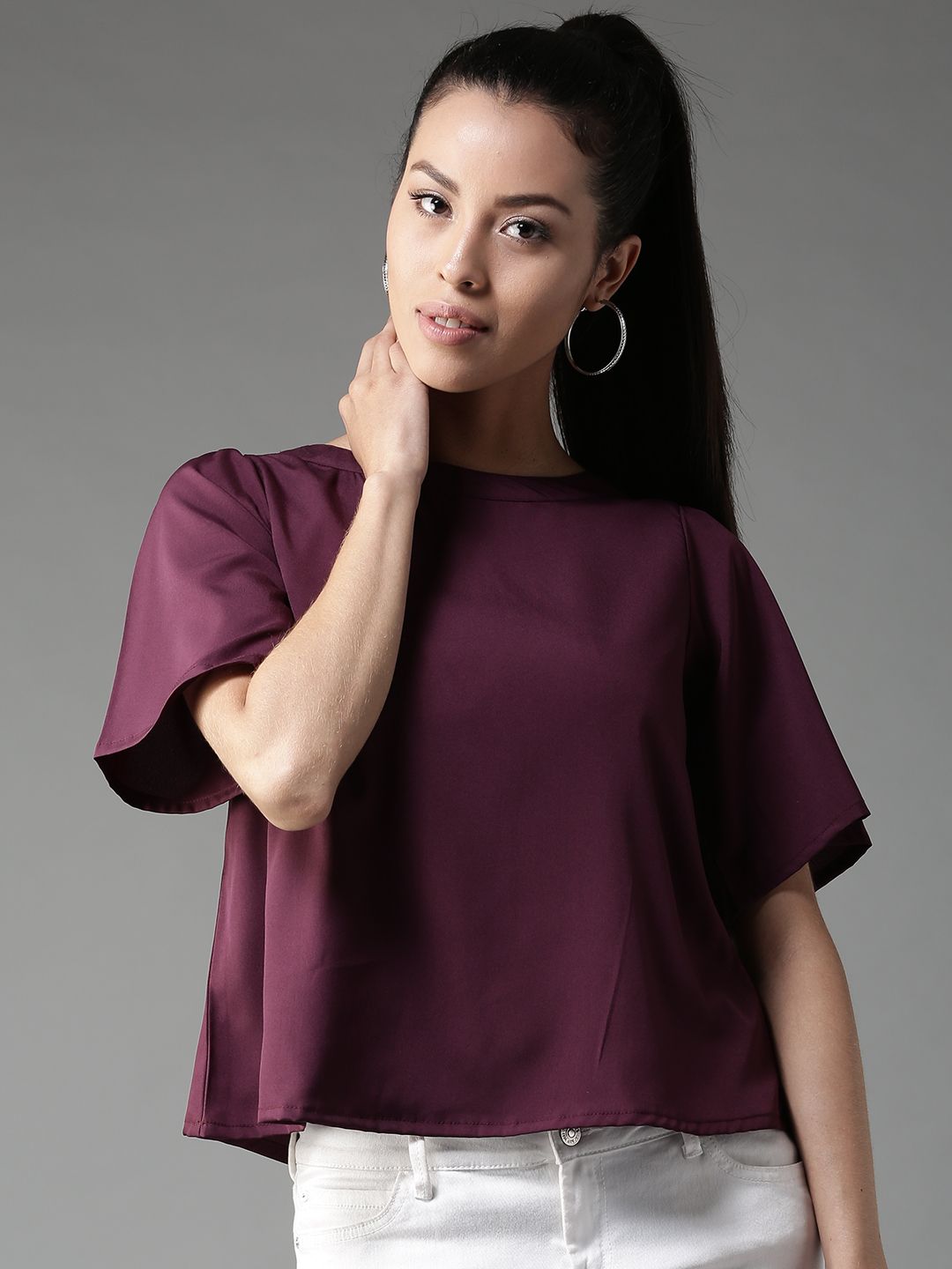 HERE&NOW Women Burgundy Solid A-Line Top