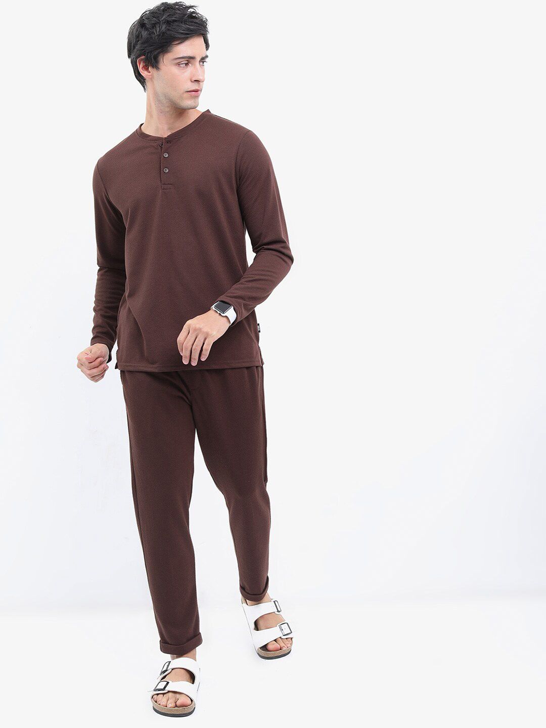 Buy HIGHLANDER Henley Neck Popcorn Structured Regular Fit Tshirt