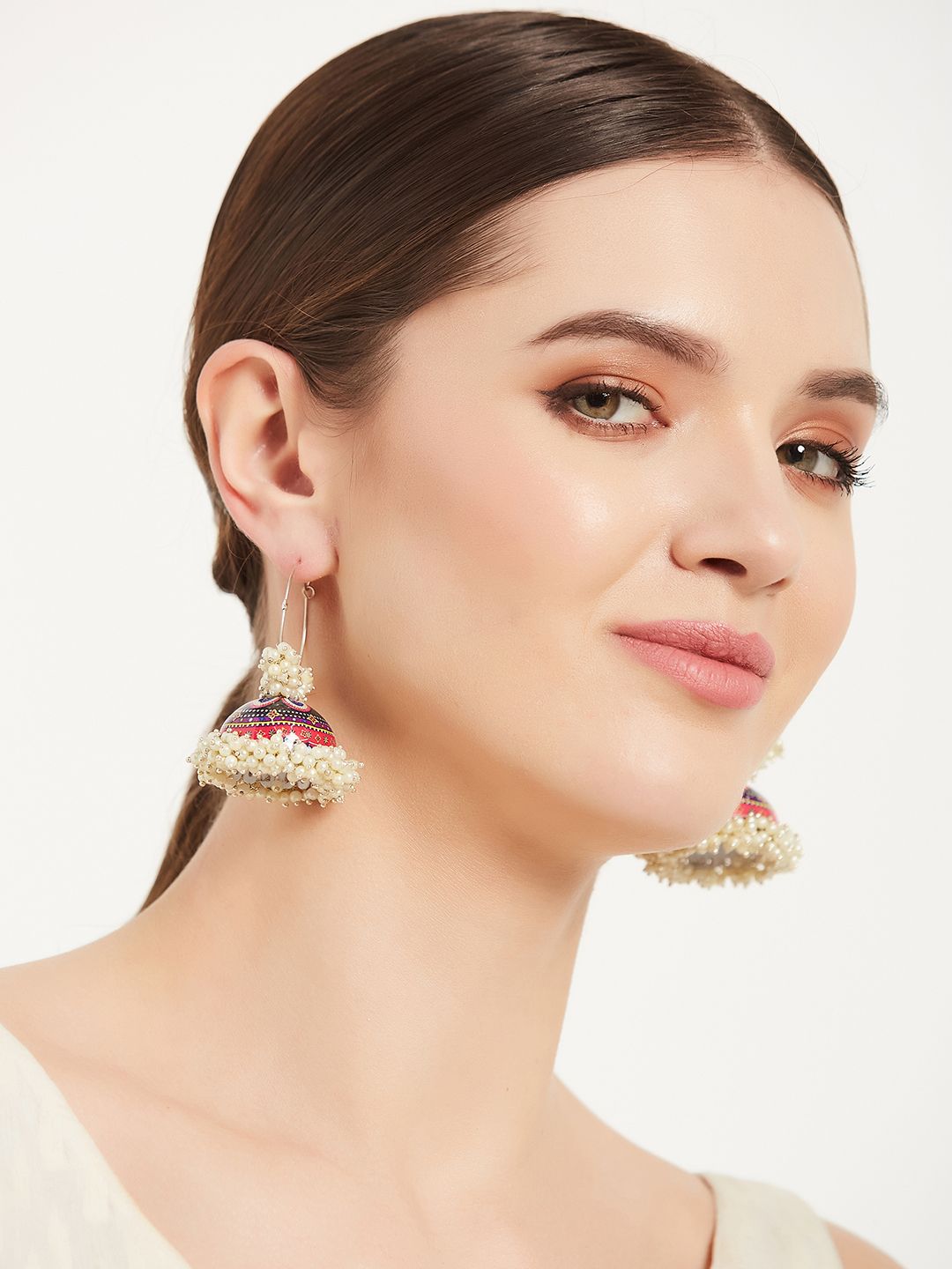 ATIBELLE Gold Plated Contemporary Pearl Beaded Jhumkas Earrings