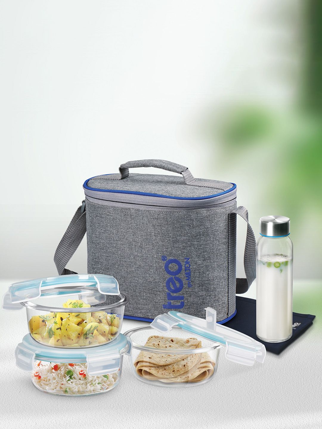 Treo All Fresh Premier 5 Pieces Transparent & Blue Glass Tiffin Box & Bottle With Jacket