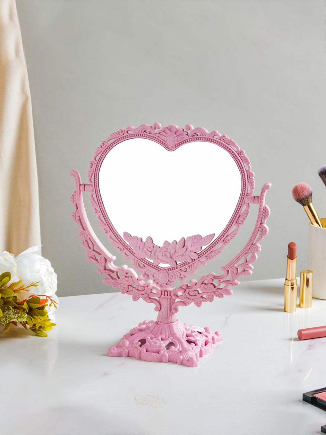 Nestasia Pink Heart Textured Double Sided Vintage Table Top Mirror