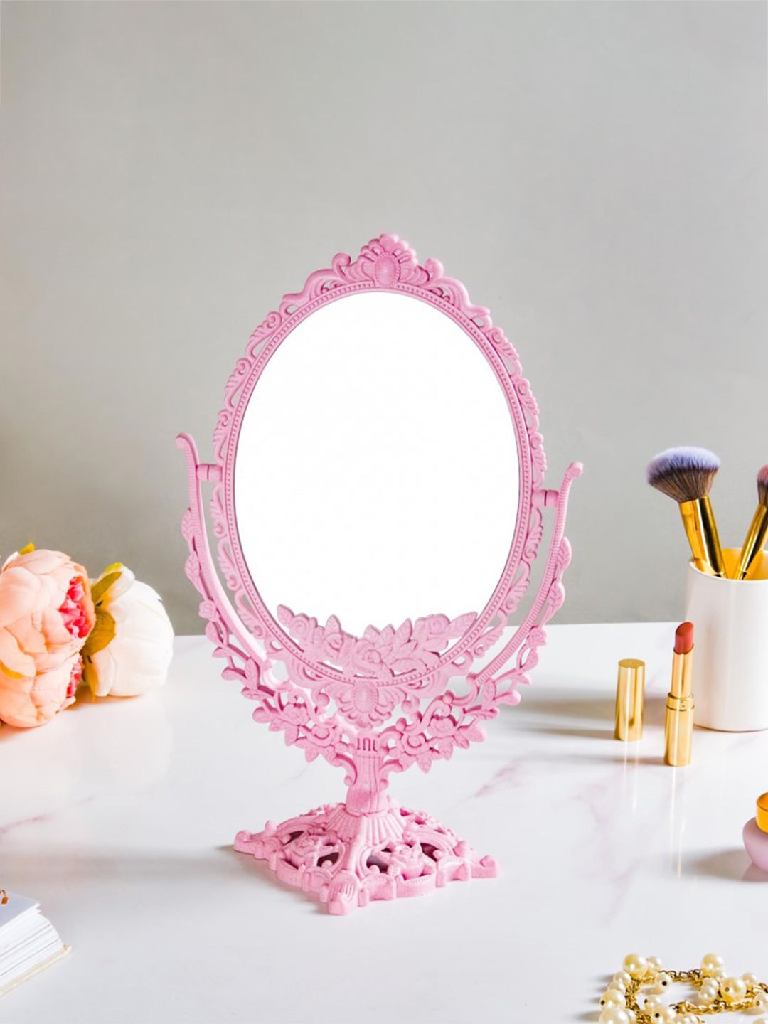 Nestasia Pink Unique Design Vintage Ornate Double Sided Table Top Mirror