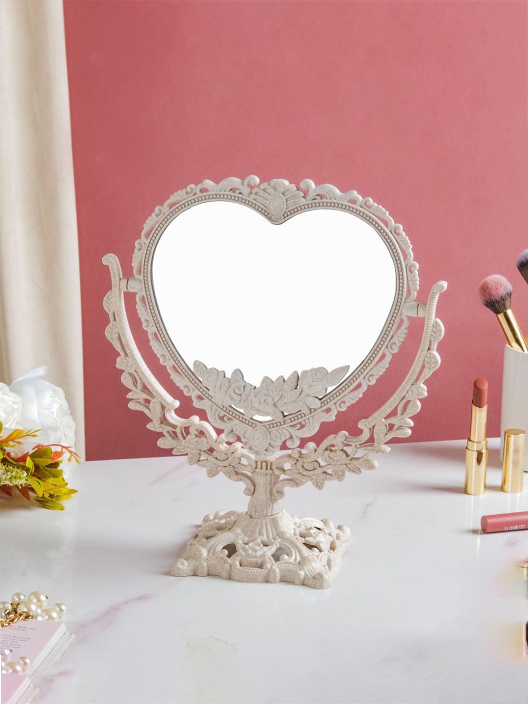 Nestasia White Ivory Vintage Heart Double Sided Mirror