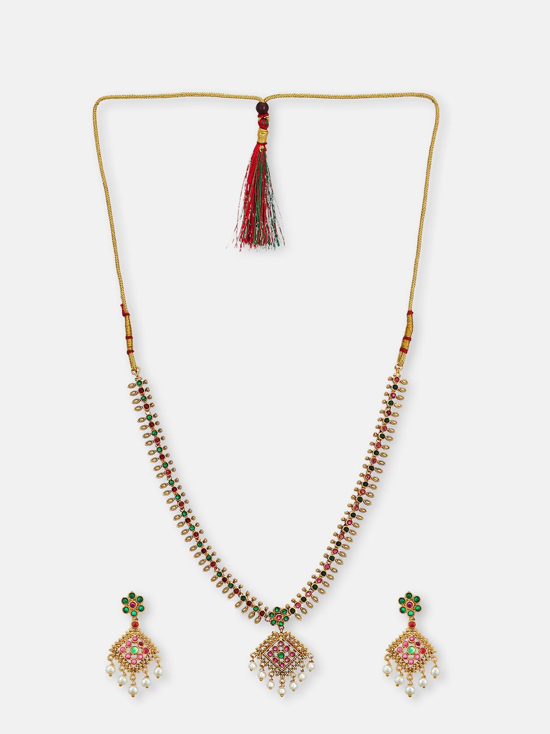 ATIBELLE Gold-Plated Stone-Studded & Pearl Beaded Jewellery Set