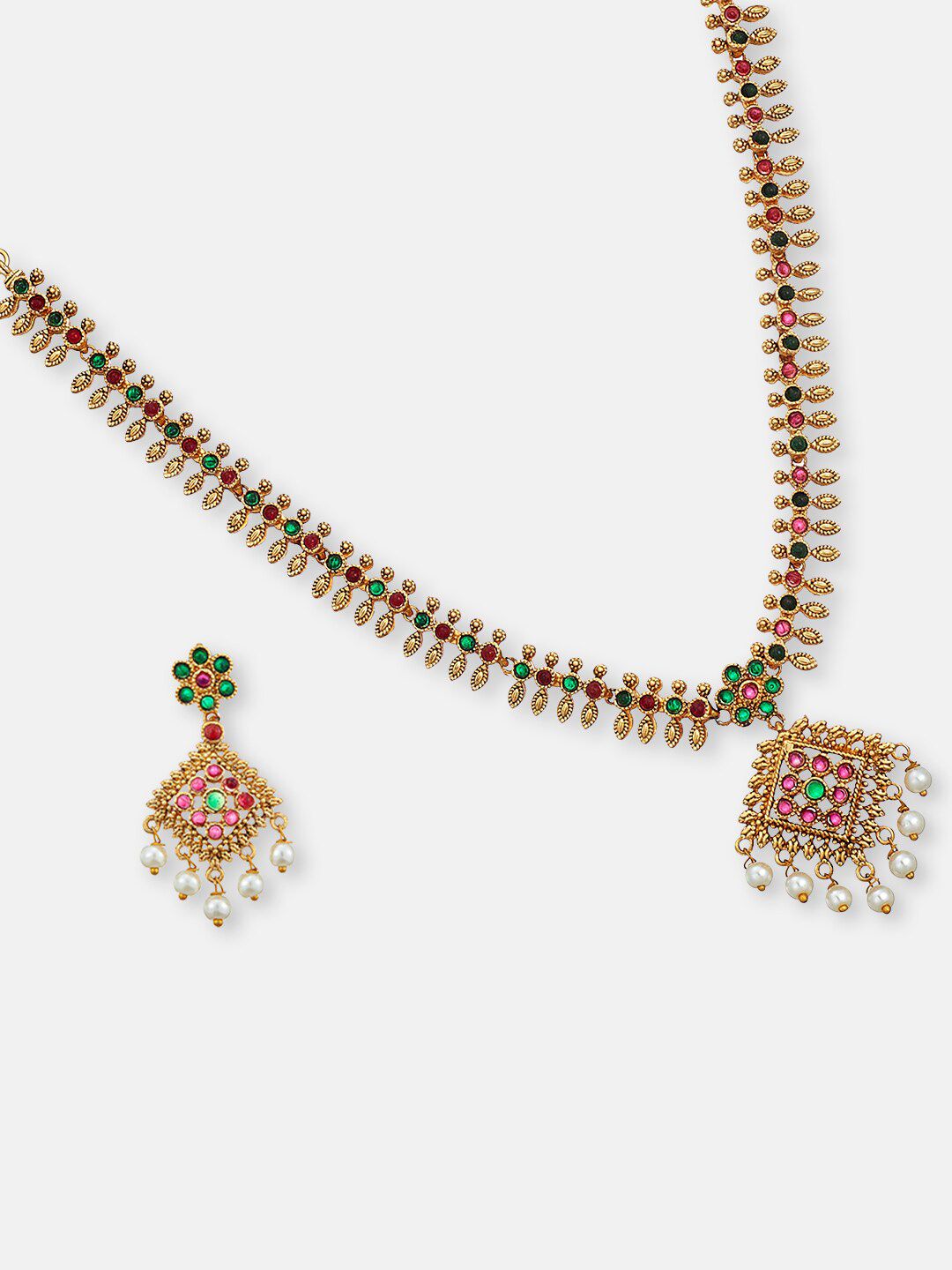 ATIBELLE Gold-Plated Stone-Studded & Pearl Beaded Jewellery Set