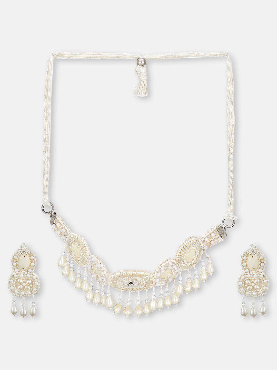 ATIBELLE Silver-Plated & Pearl Beaded Fabric Jewellery Set