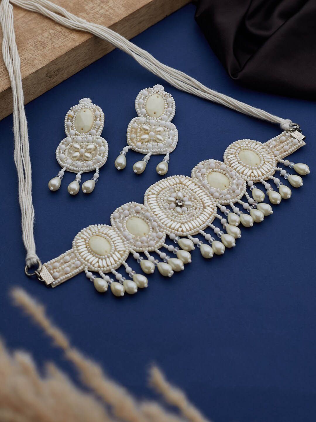 ATIBELLE Silver-Plated & Pearl Beaded Fabric Jewellery Set
