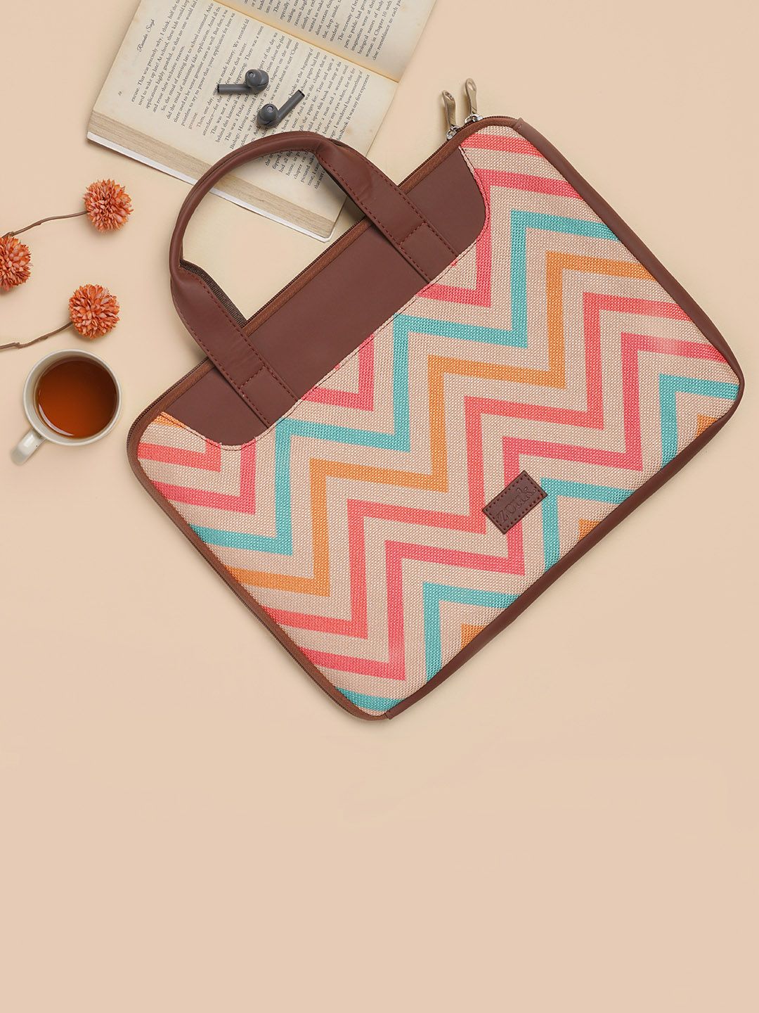 ZOUK Women Brown & Peach-Coloured Printed Jute Laptop Sleeve-picture-28