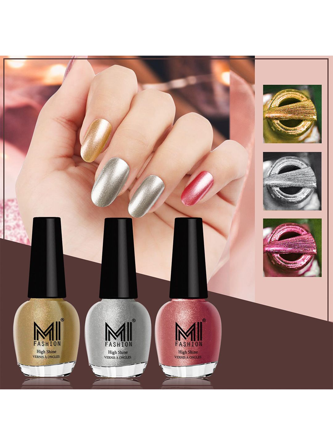 MI FASHION Set of 3 High Shine Long-Lasting Nail Lacquer12 ml Each - Metallic Golden 45 - Metallic Silver 46 - Hot Lava 61-picture-28