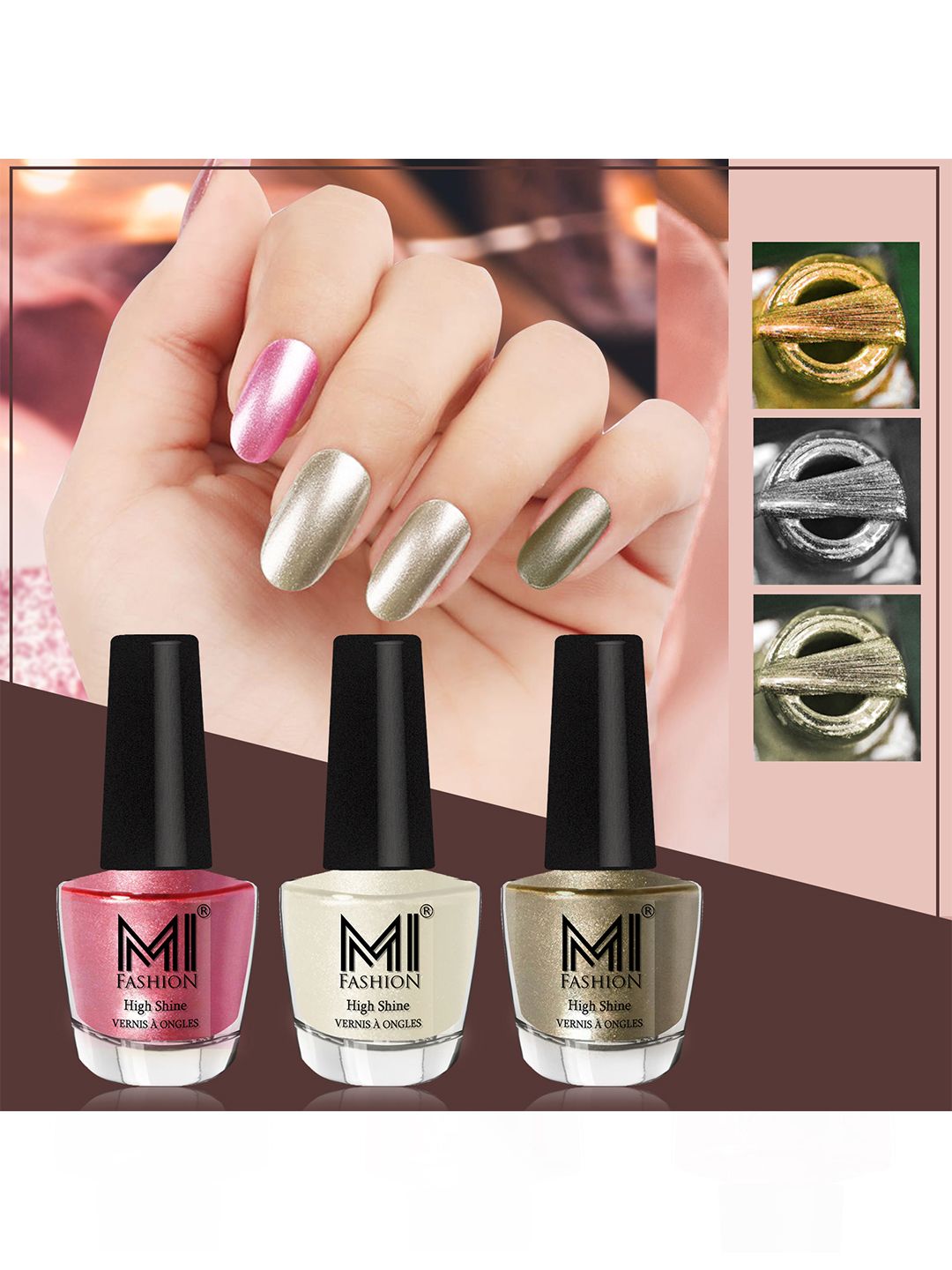 MI FASHION Set of 3 High Shine Long-Lasting Nail Lacquer12 ml Each - Metallic Pink 47 - Pearly White Chrome 58 - Ginger Rust 12-picture-22