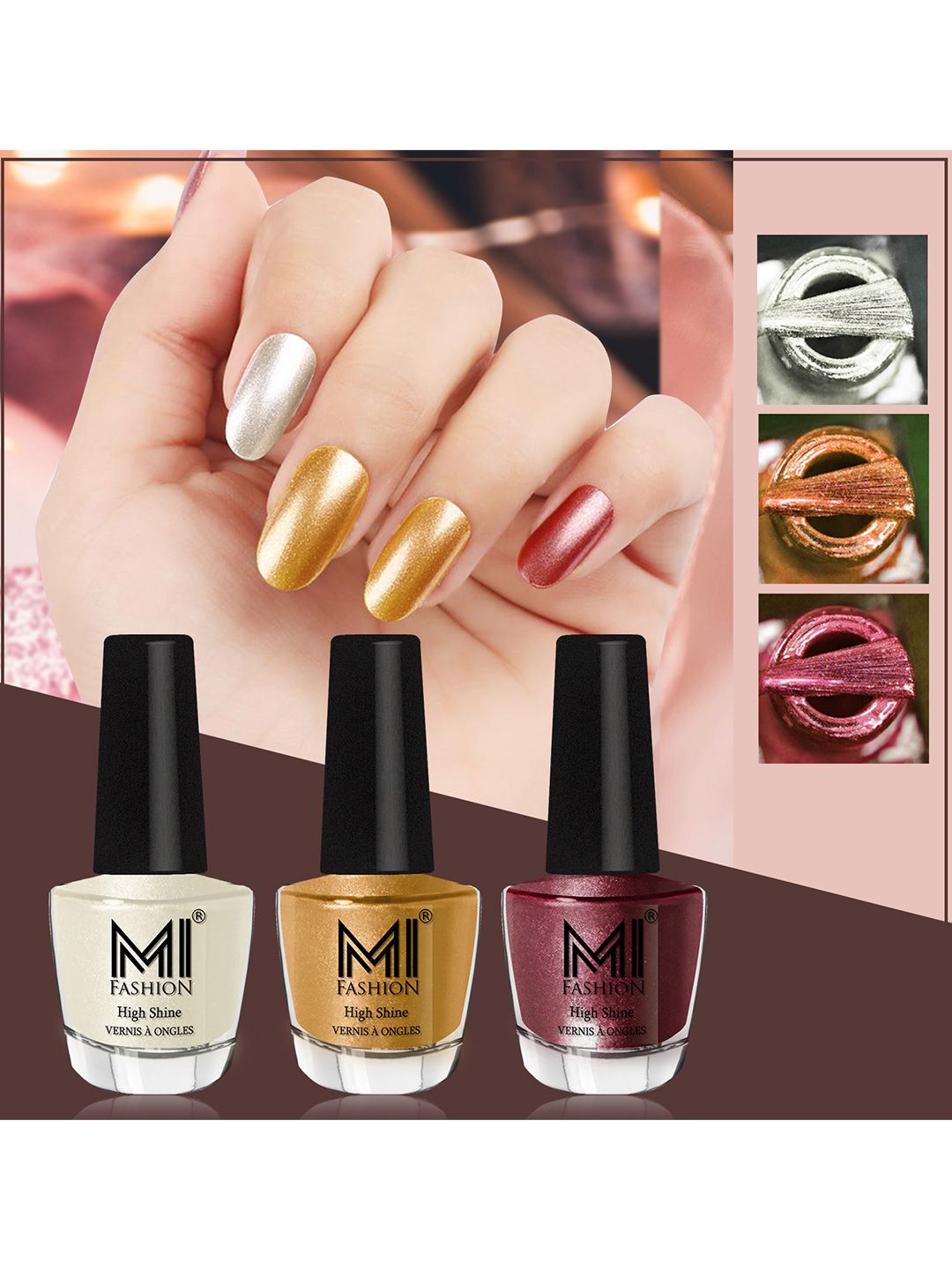 MI FASHION Set of 3 High Shine Long-Lasting Nail Lacquer 12 ml Each - Pearly White Chrome 58 - Gold Chrome 59 - Metallic Maroon 10-picture-27