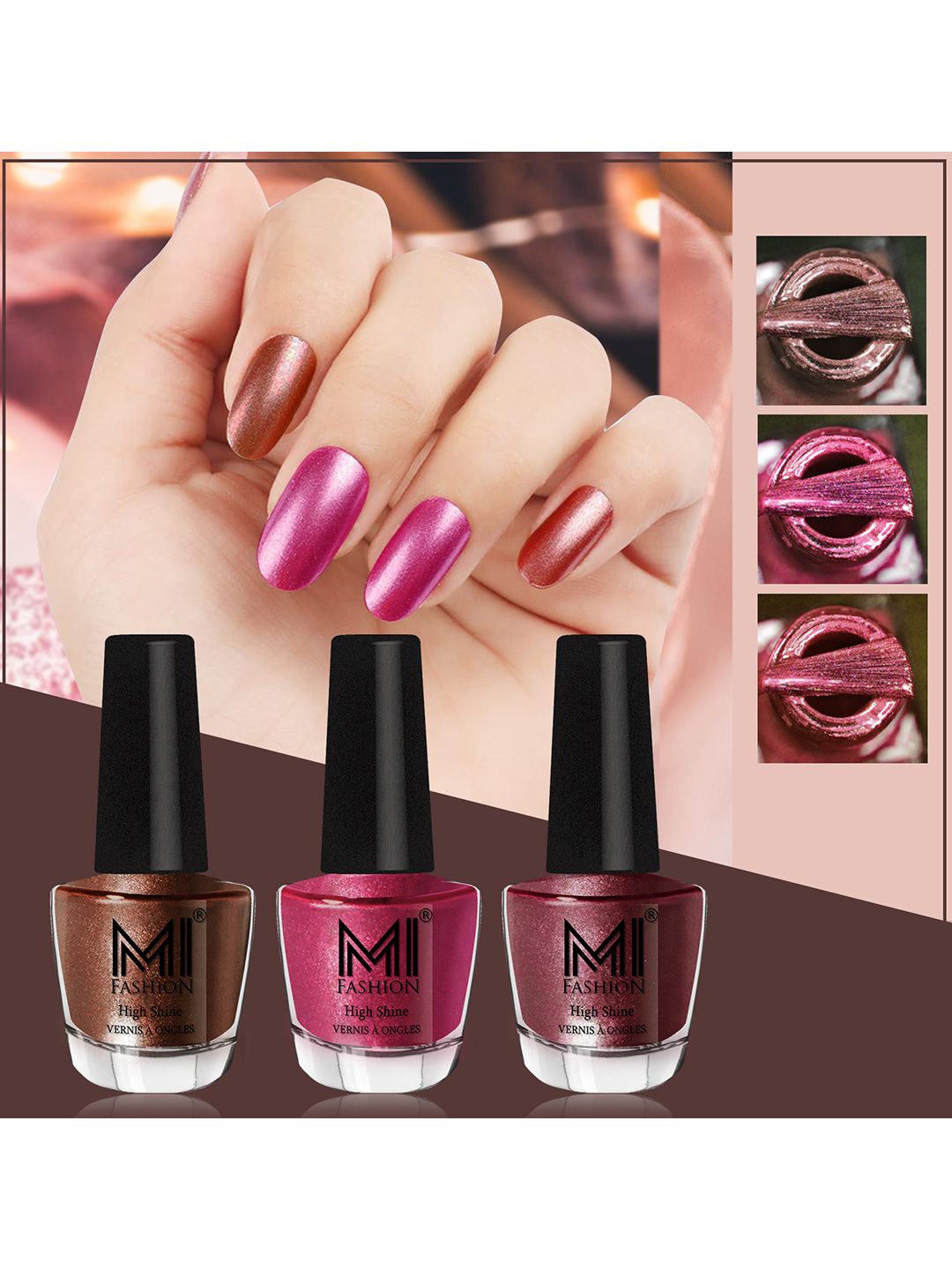 MI FASHION Set of 3 High Shine Long-Lasting Nail Lacquer 12 ml Each -Brown Coffee 05 - Metallic Red 06 - Metallic Maroon10-picture-14