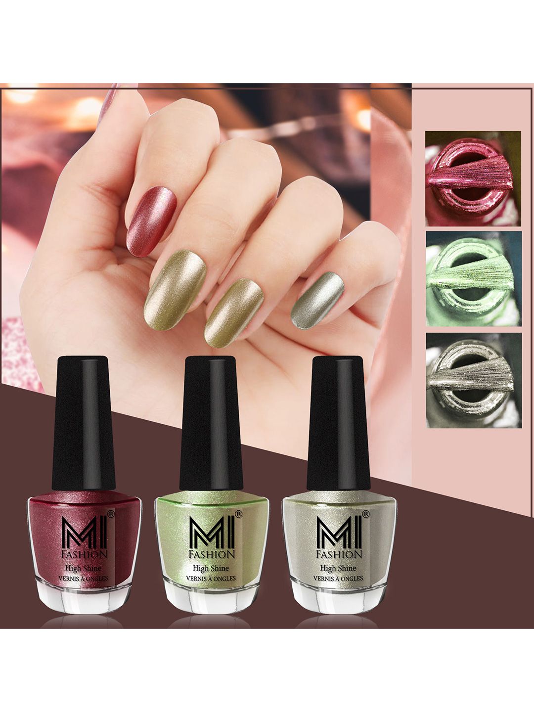 MI FASHION Set of 3 High Shine Long-Lasting Nail Lacquer 12 ml Each -Metallic Maroon 10 - Metallic Olive Green 11 - Metallic Green 67-picture-10