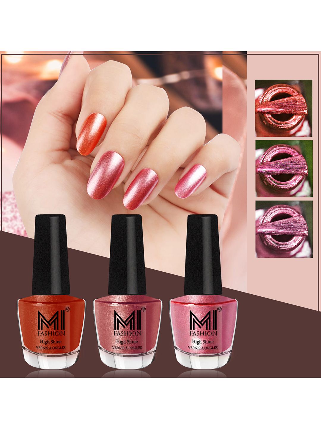 MI FASHION Set of 3 High Shine Long-Lasting Nail Lacquer 12 ml Each -Red Gold 60 - Hot Lava 61 - Metallic Pink 47-image-39