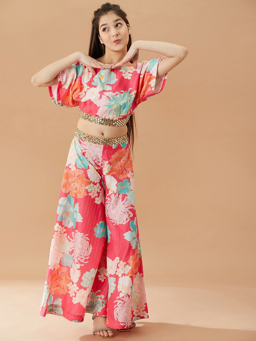 pspeaches Girls Floral Printed Pure Cotton Top with Palazzos-image-1