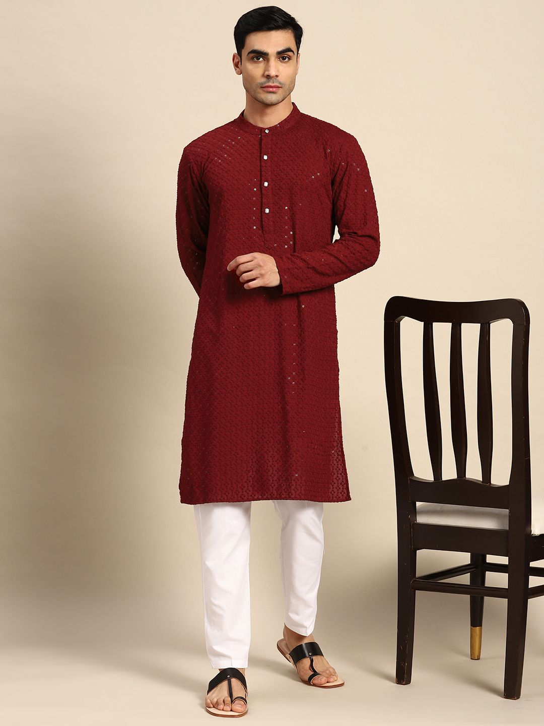 Anouk Men Floral Embroidered Sequinned Pure Cotton Kurta With Pyjamas-picture-19