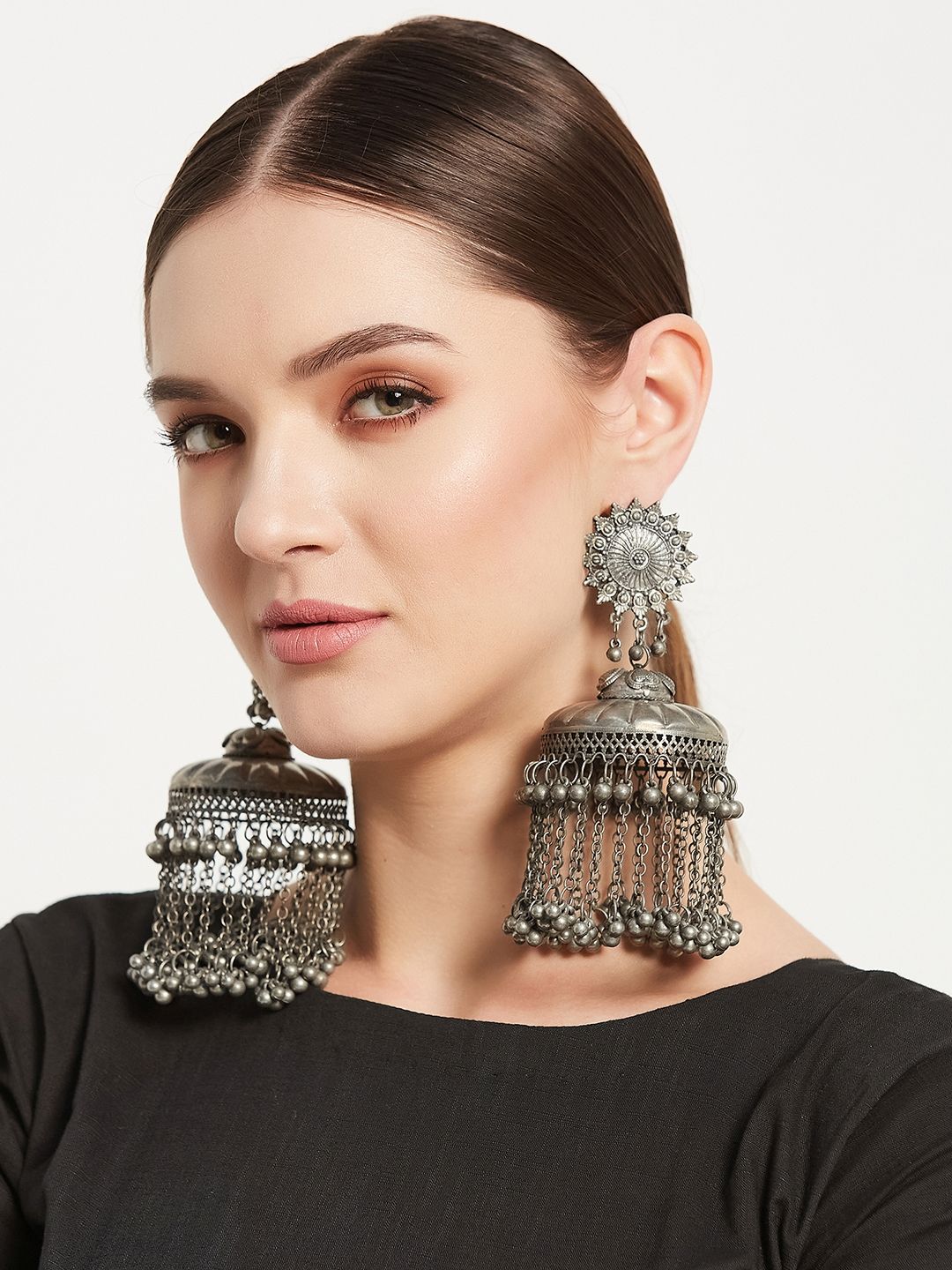 ATIBELLE Silver-Plated Dome Shaped Jhumkas Earrings