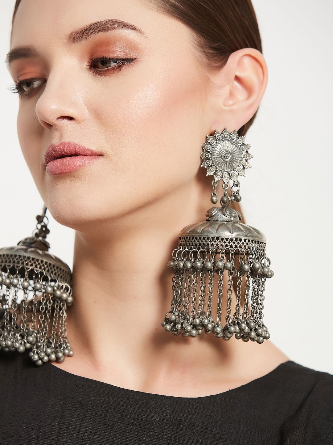ATIBELLE Silver-Plated Dome Shaped Jhumkas Earrings