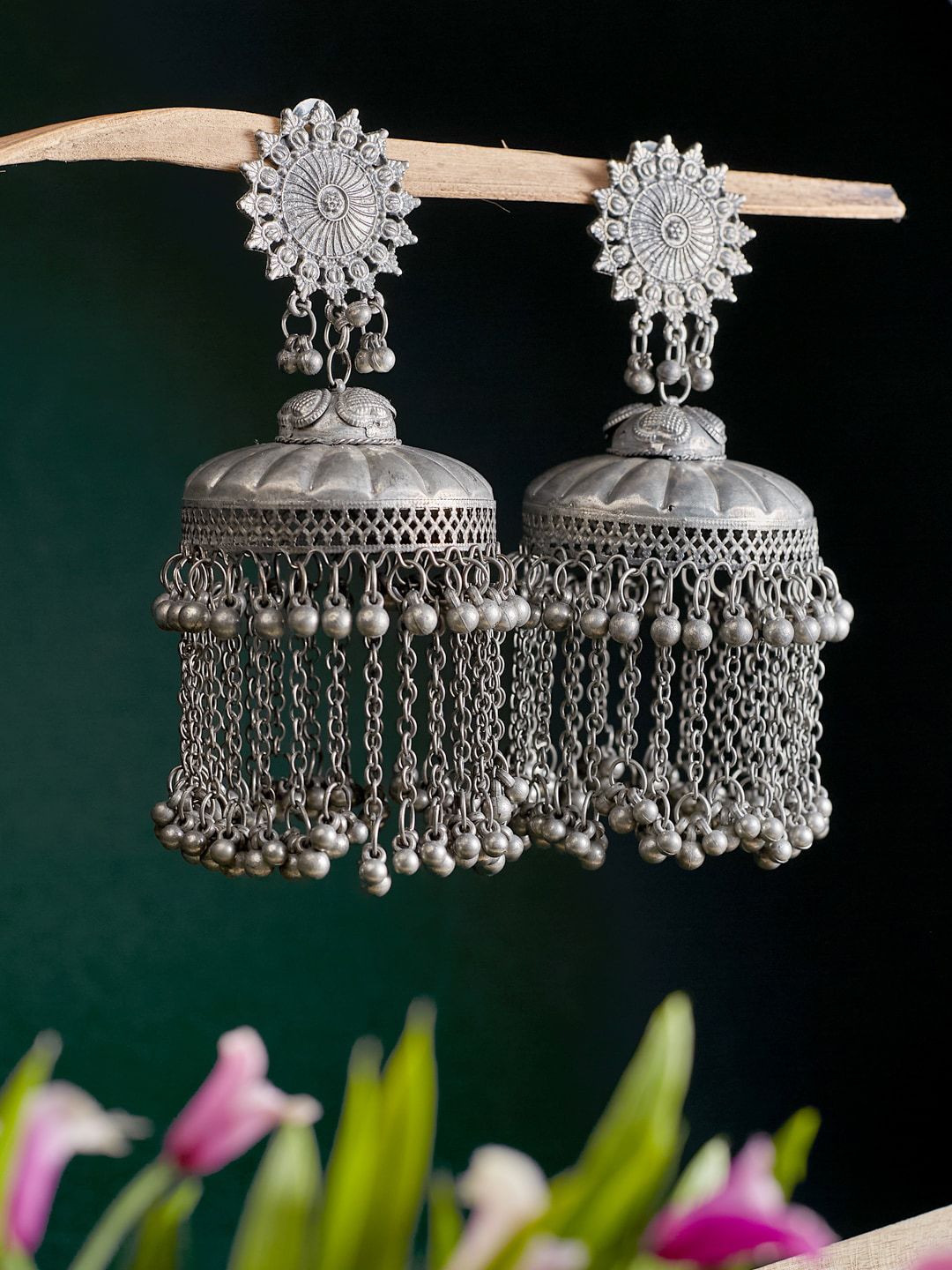 ATIBELLE Silver-Plated Dome Shaped Jhumkas Earrings