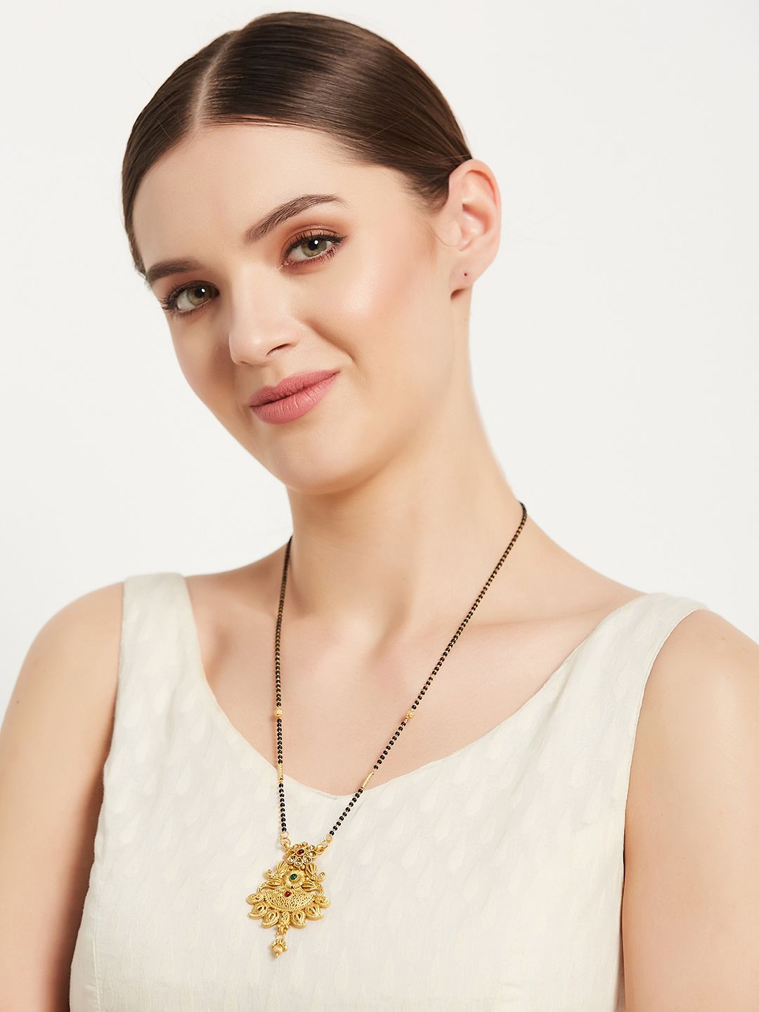 ATIBELLE Gold-Plated Floral Stone-Studded Mangalsutra