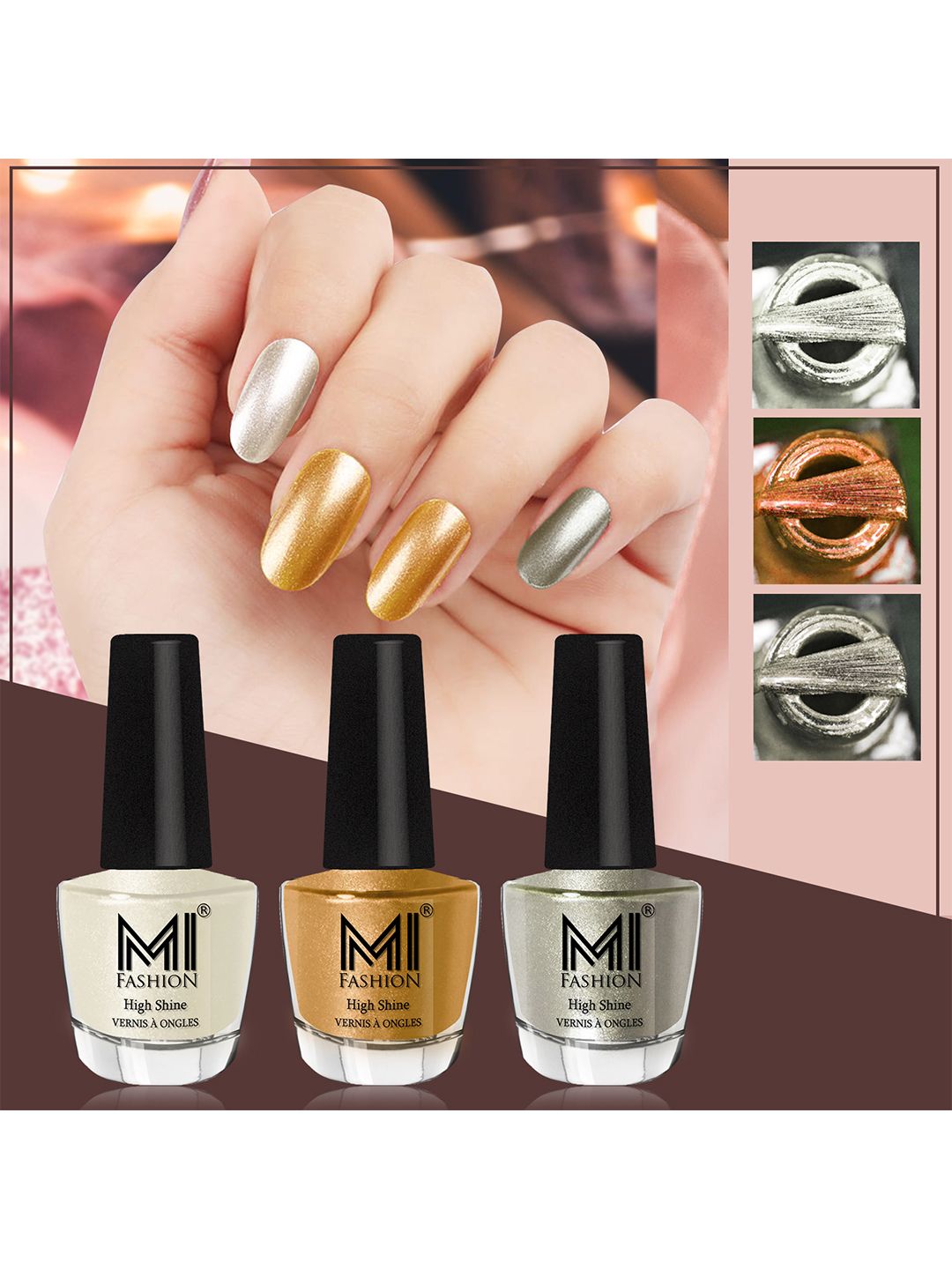 MI FASHION Set of 3 High Shine Long-Lasting Nail Lacquer 12 ml Each - Pearly White Chrome 58 - Gold Chrome 59 - Metallic Green 67-picture-25