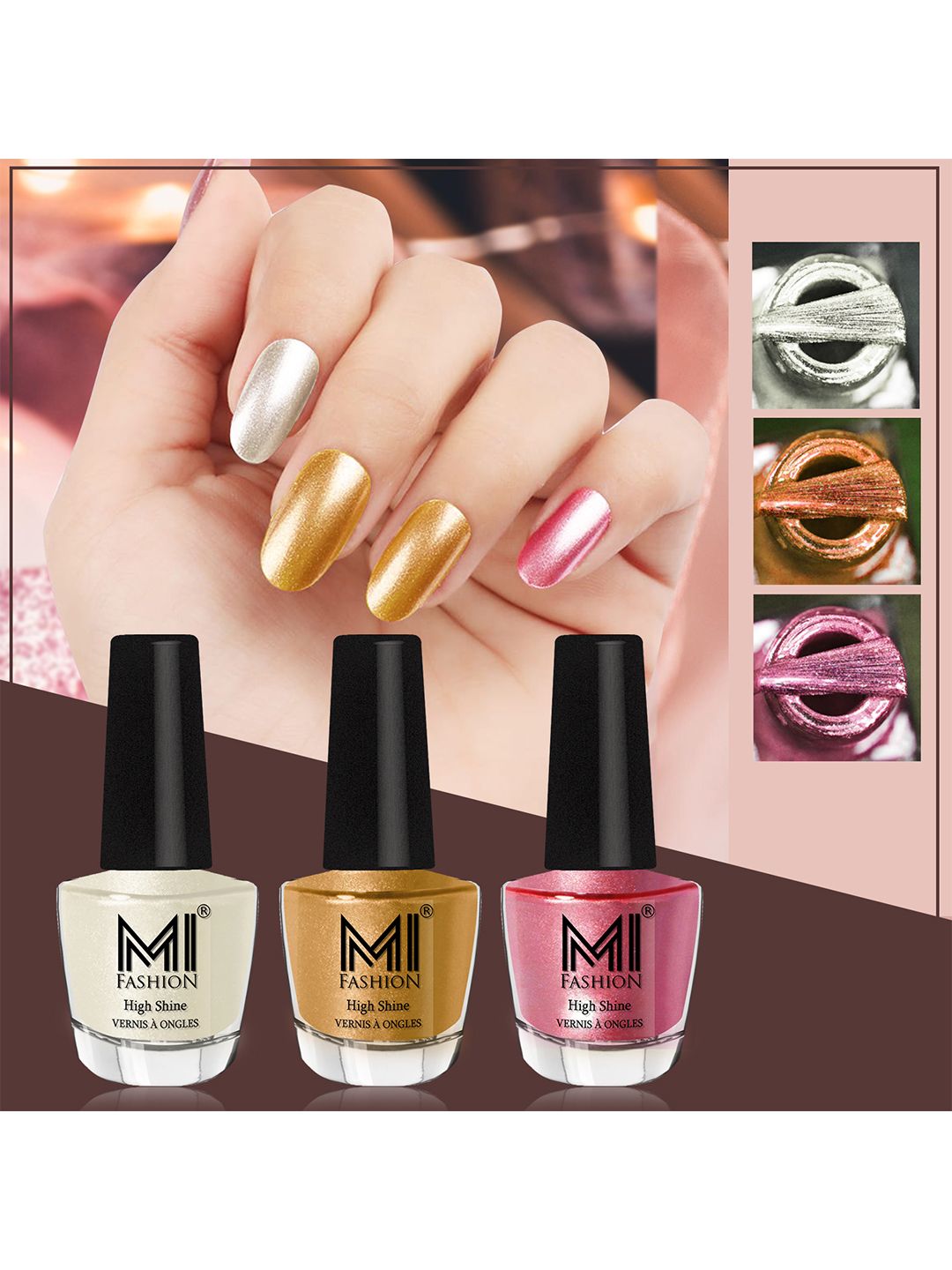 MI FASHION Set of 3 High Shine Long-Lasting Nail Lacquer 12 ml Each - Pearly White Chrome 58 - Gold Chrome 59 - Metallic Pink 47-picture-18