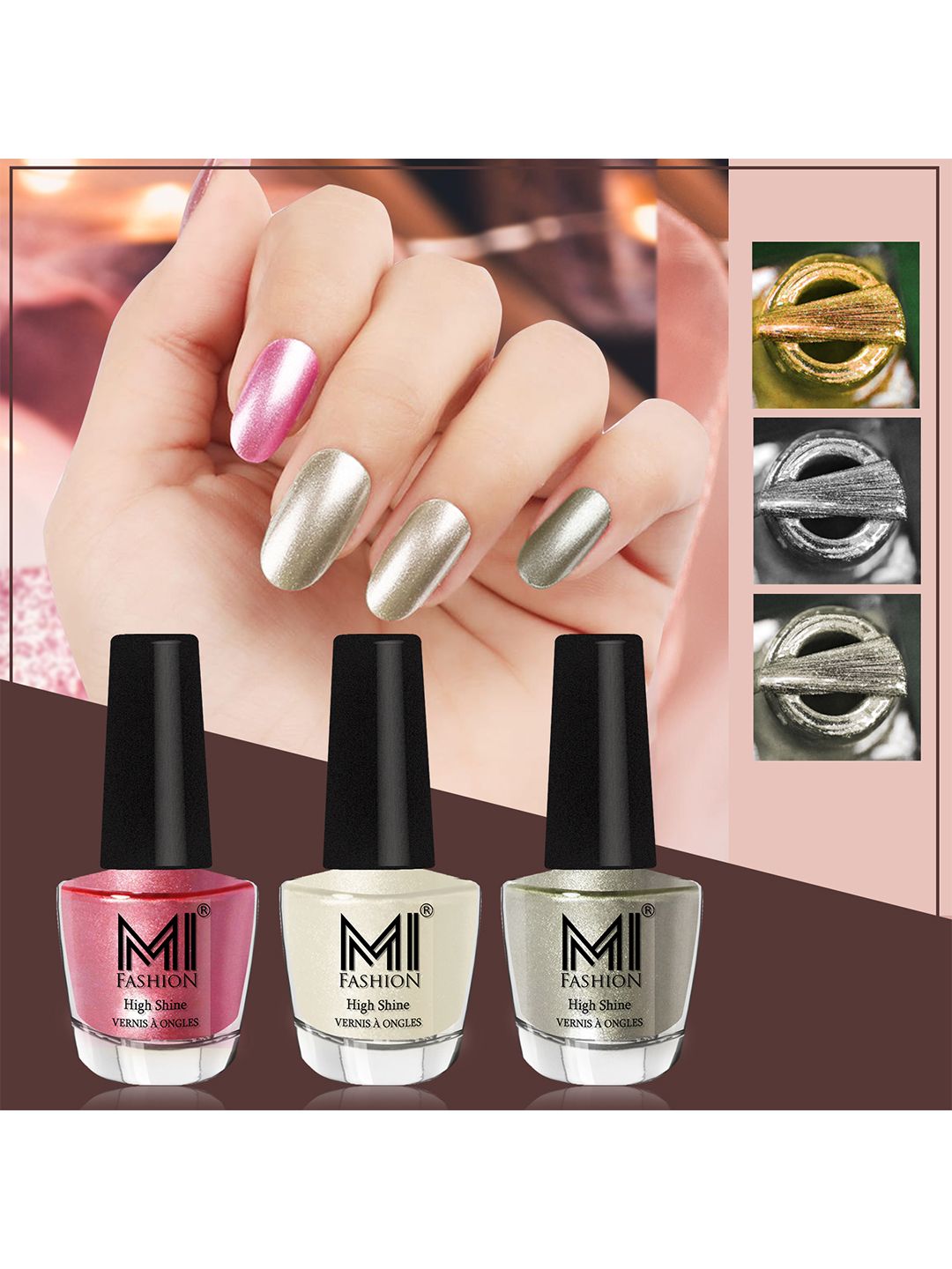 MI FASHION Set of 3 High Shine Long-Lasting Nail Lacquer 12 ml Each - Metallic Pink 47 - Pearly White Chrome 58 - Metallic Green 67-picture-23