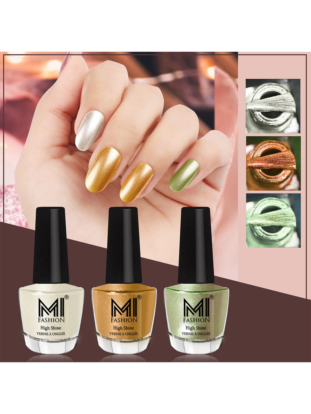 MI FASHION Set of 3 High Shine Long-Lasting Nail Lacquer 12 ml Each - Pearly White Chrome 58 - Gold Chrome 59 - Metallic Olive Green 11-picture-22