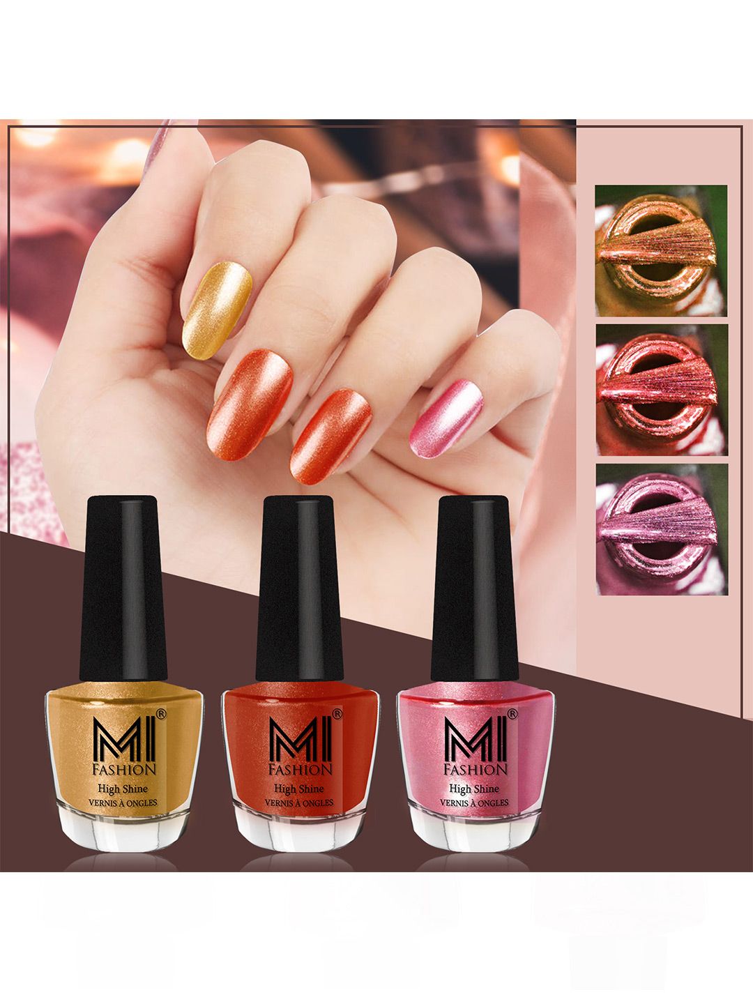 MI FASHION Set of 3 High Shine Long-Lasting Nail Lacquer 12 ml Each - Gold Chrome 59 - Red Gold 60 - Metallic Pink 47-picture-30