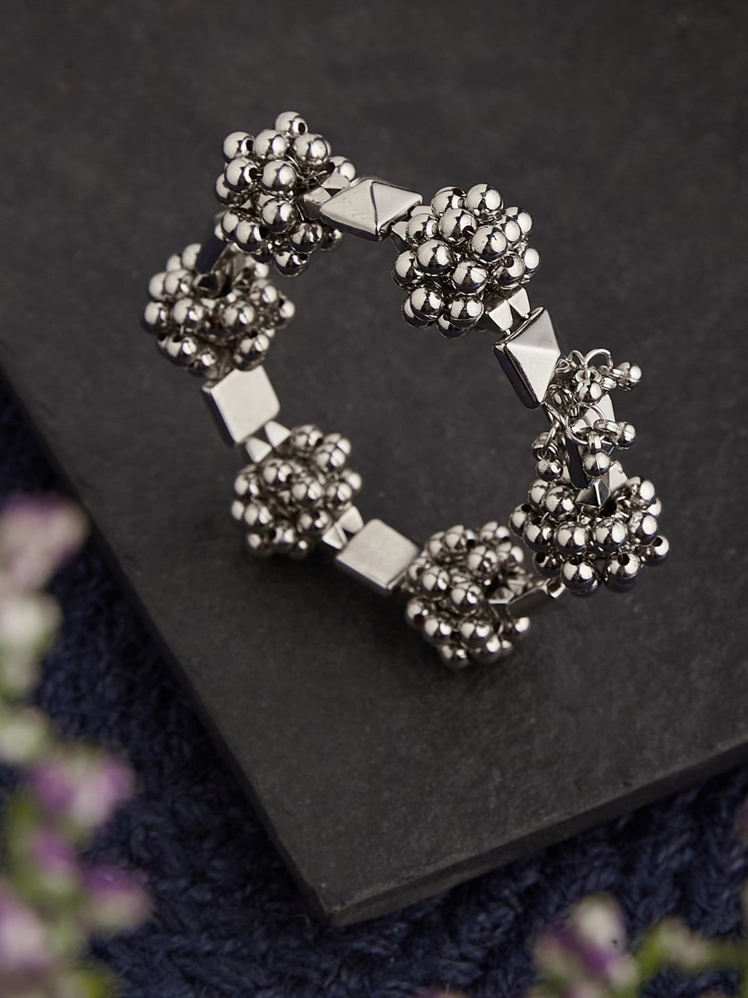 ATIBELLE German Silver-Plated Ghunghroo Detailing & Contemporary Glossy Adjustable Bangle