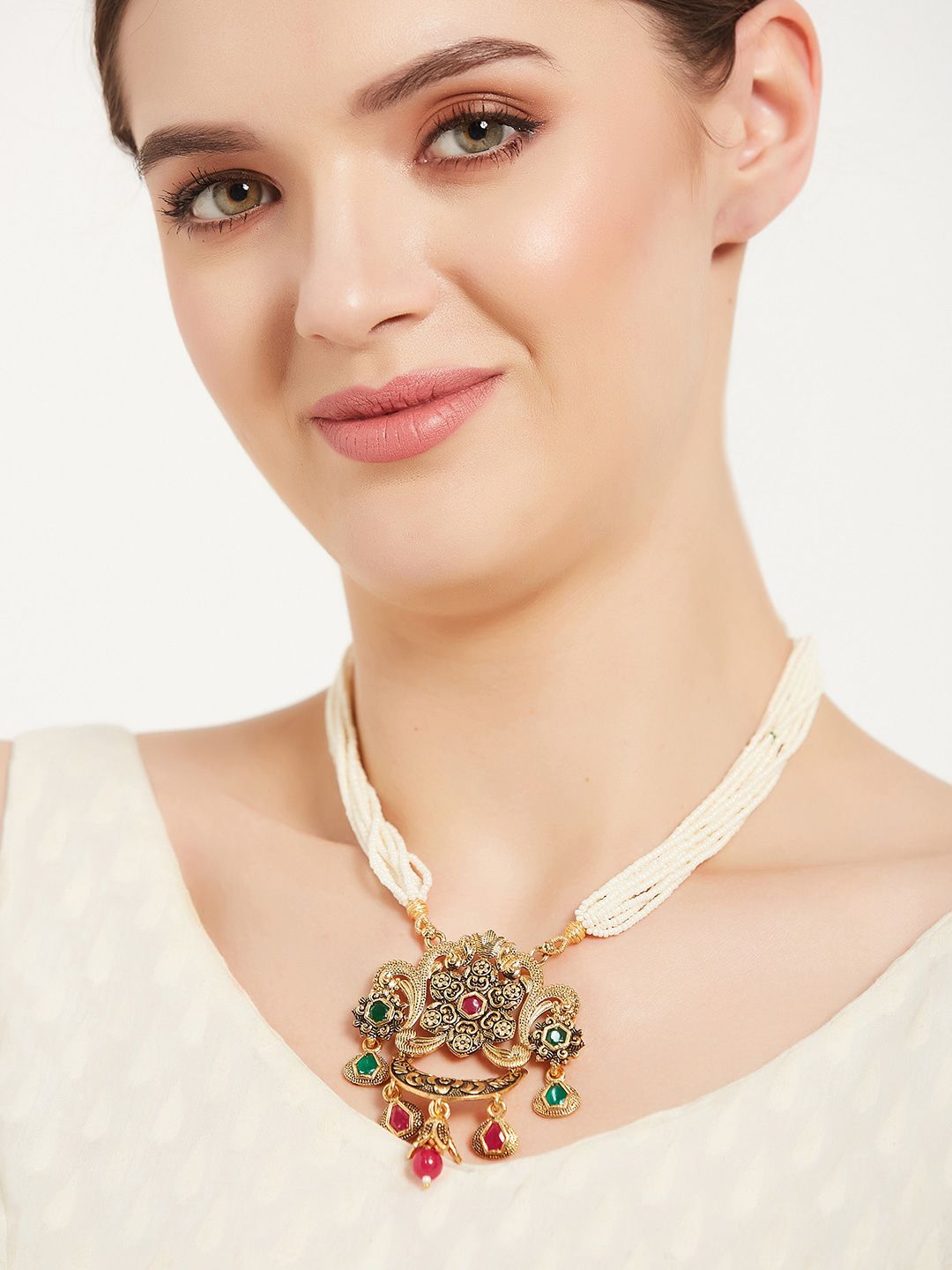 ATIBELLE Gold-Plated Stone Studded & Beaded Antique Necklace