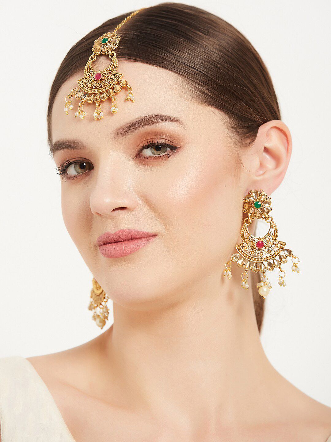 ATIBELLE Copper- Plated Maang Tikka And Earring Jewellery Set