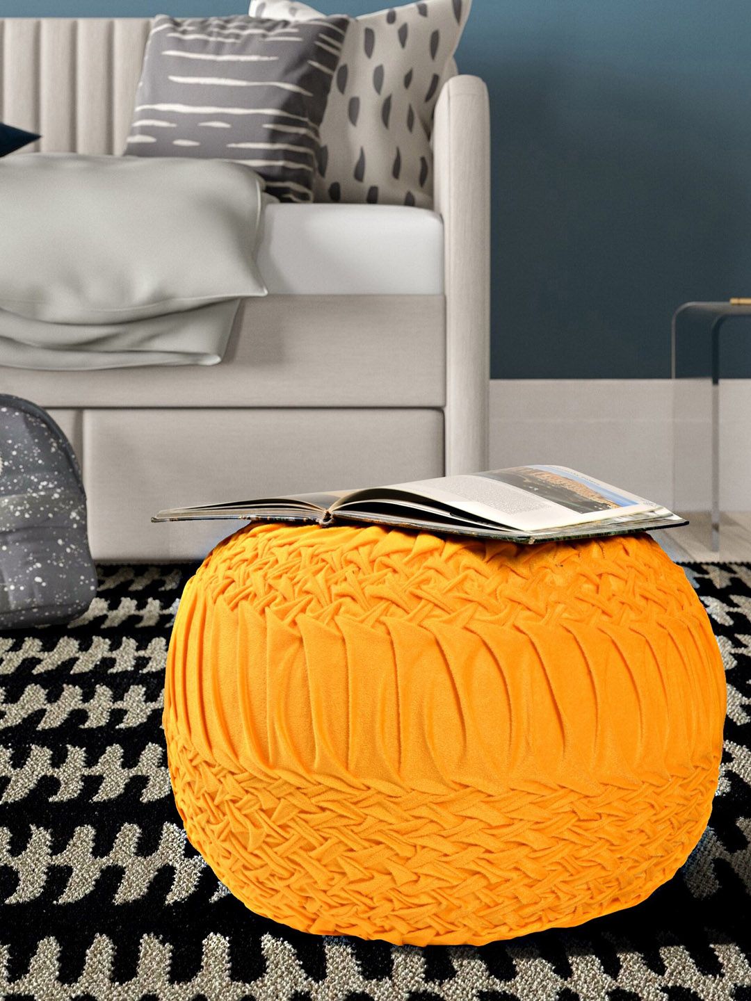 RIANCE CREATIONS Yellow Textured Pedestal Designed Round Ottomans-image-32