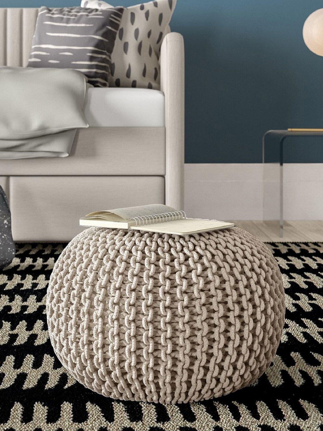 RIANCE CREATIONS Beige Knitted Cotton Dori Pouffe Ottoman