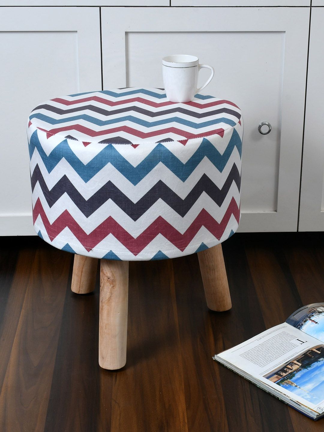 RIANCE CREATIONS White & Blue Geometric Printed Round Shaped Ottomans-image-19